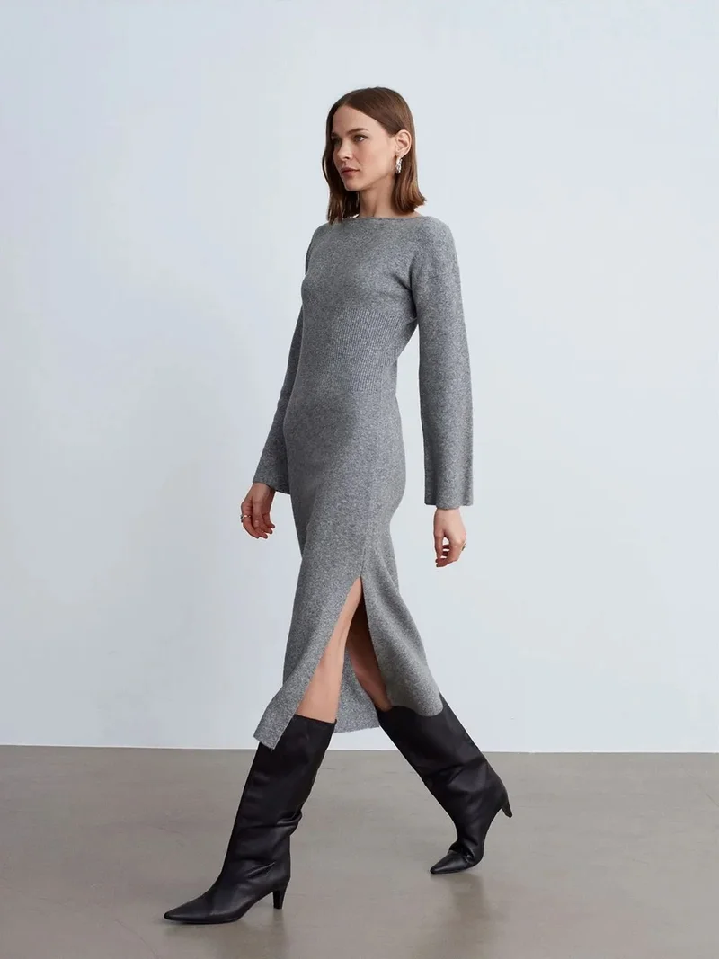 ديلفين DILVIN Ribbed Bodycon Midi Dress With Slit