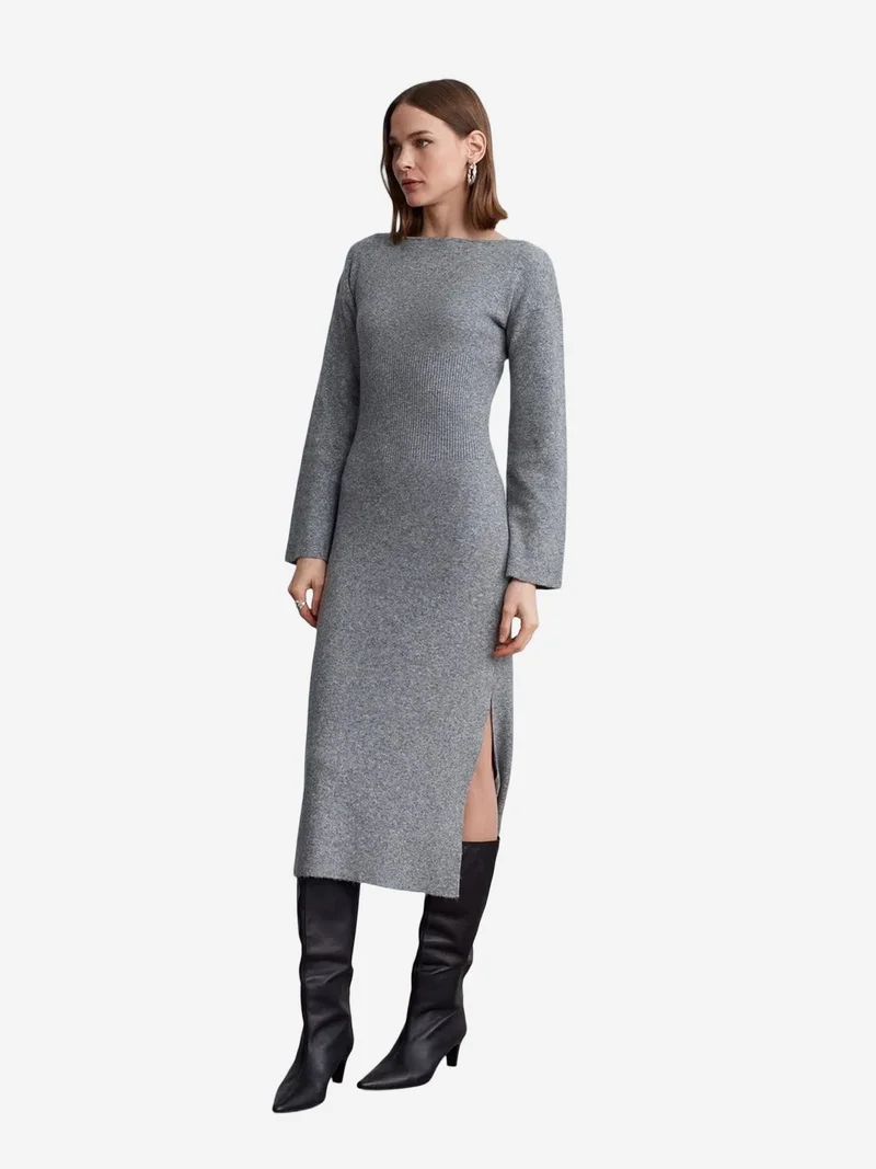 ديلفين DILVIN Ribbed Bodycon Midi Dress With Slit