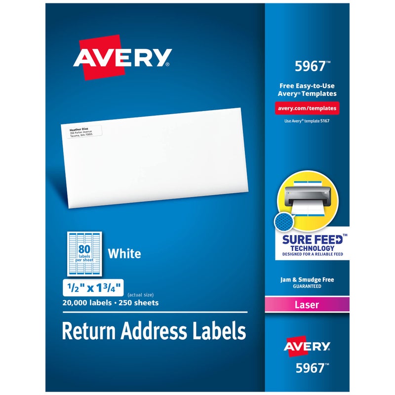 Avery Printable Return Address Labels with Sure Feed, 0.5" x 1.75", White, 20,000 Blank Mailing Labels (05967) - Image 1