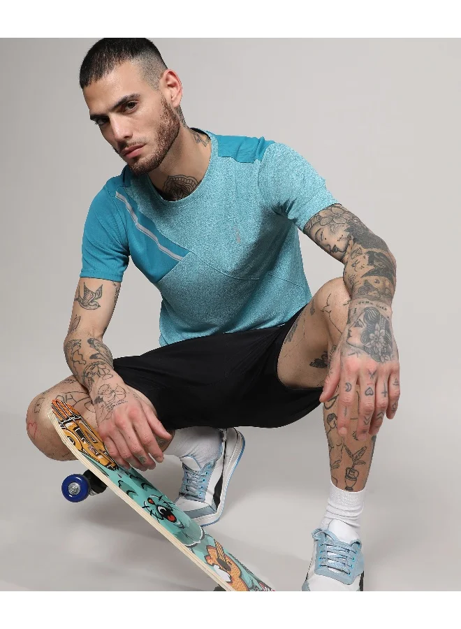 Campus Sutra Men's Aqua Blue Contrast Heathered Activewear T-Shirt