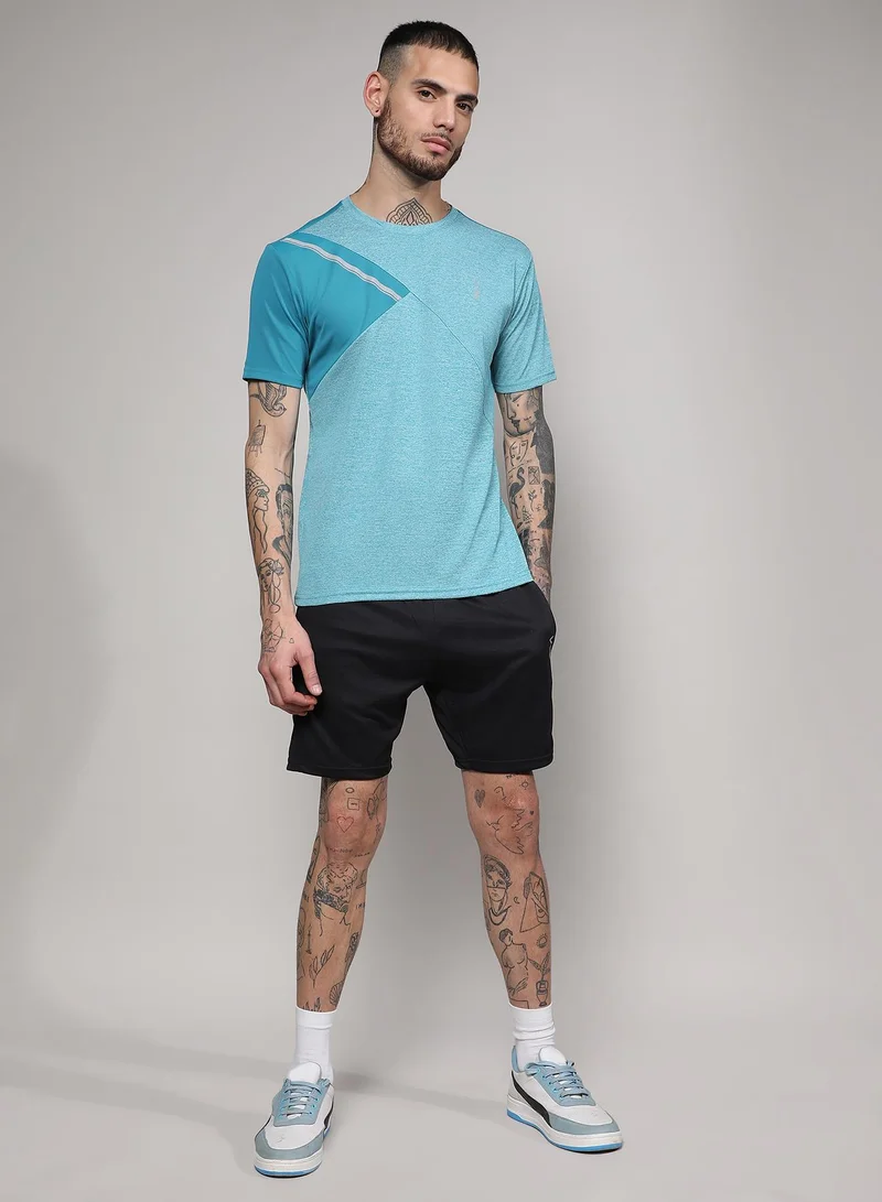 Campus Sutra Men's Aqua Blue Contrast Heathered Activewear T-Shirt