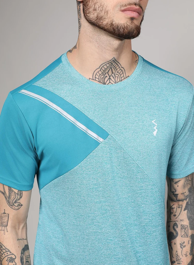 Campus Sutra Men's Aqua Blue Contrast Heathered Activewear T-Shirt