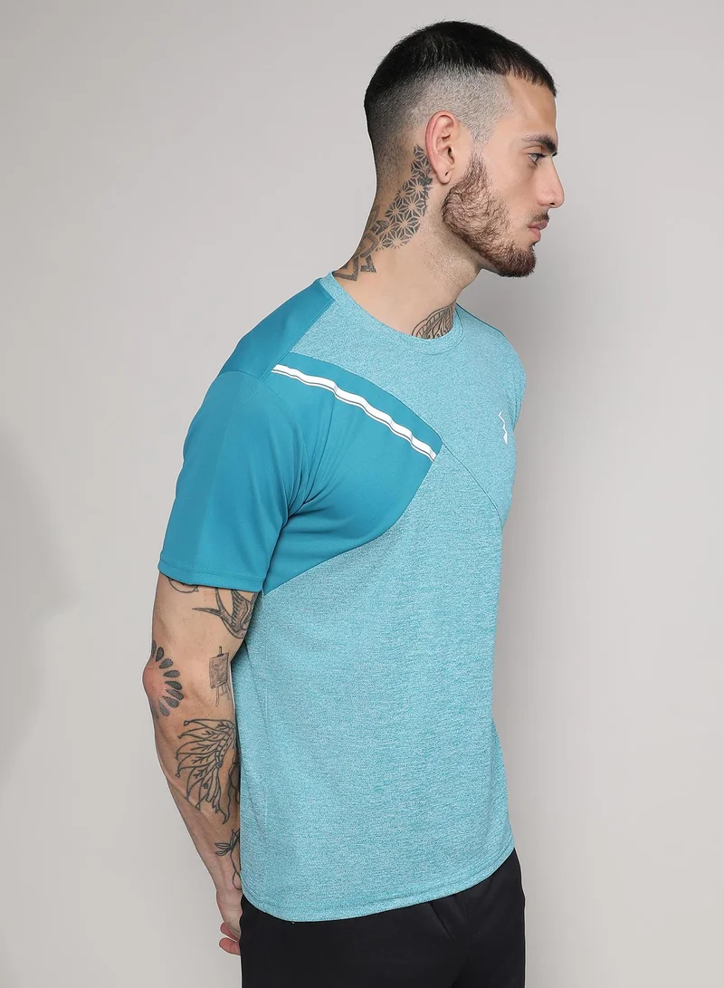 Campus Sutra Men's Aqua Blue Contrast Heathered Activewear T-Shirt