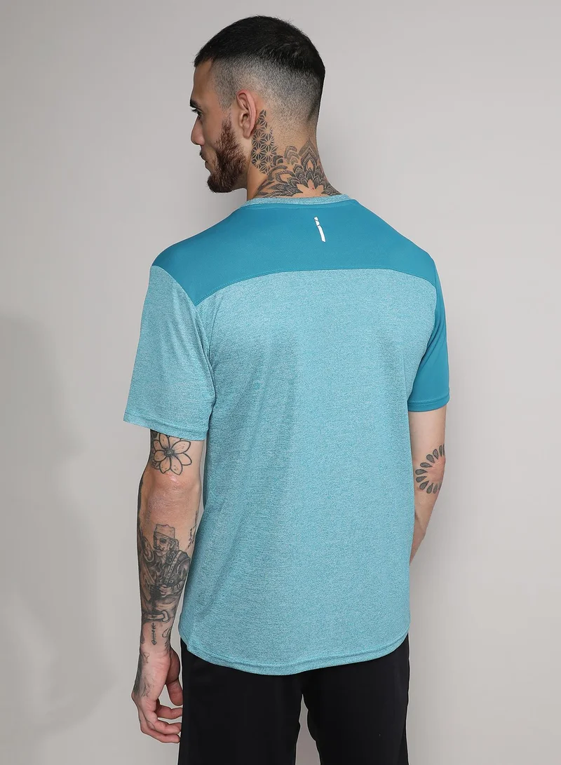 Campus Sutra Men's Aqua Blue Contrast Heathered Activewear T-Shirt