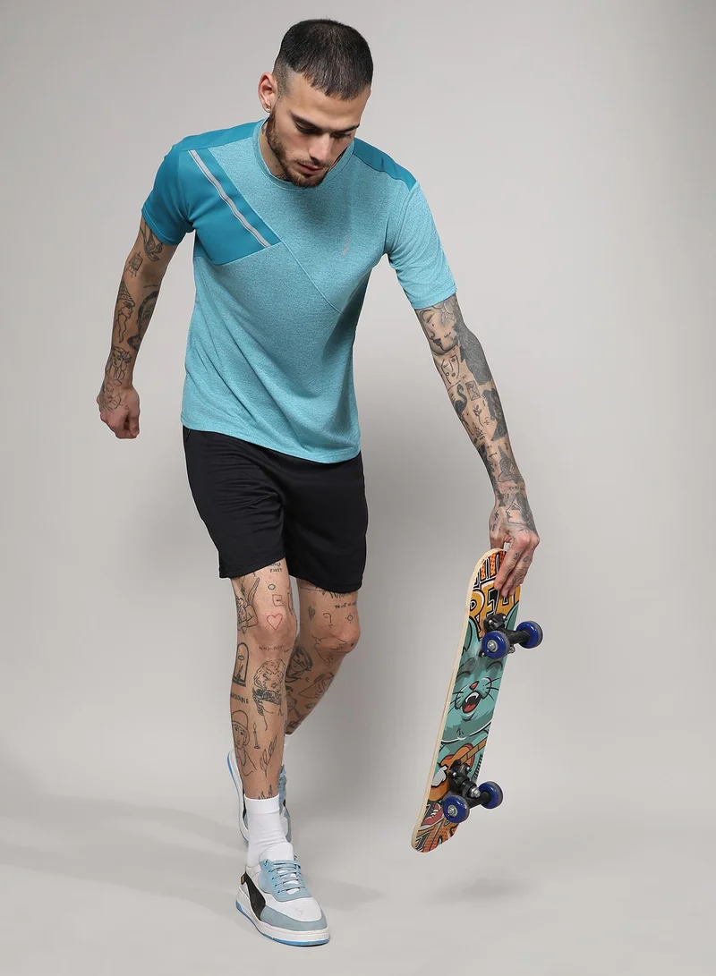 Campus Sutra Men's Aqua Blue Contrast Heathered Activewear T-Shirt
