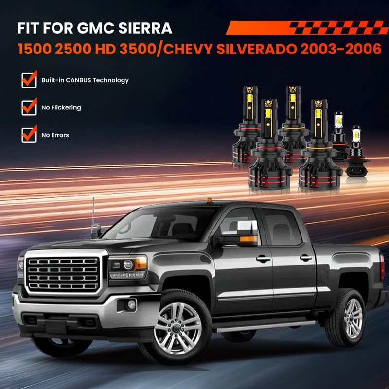 KAUNBAST Compatible for GMC Sierra 1500 2500HD 3500/Chevy Silverado 2003 2004 2005 2006 Driving Light Bulbs Combo, 6500K White 800% Brightness, Direct Installation, 6-Pack - Image 2