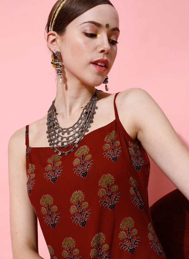 Indo Street Sleeveless Ethnic Motifs Printed Kurta with Trousers for Women