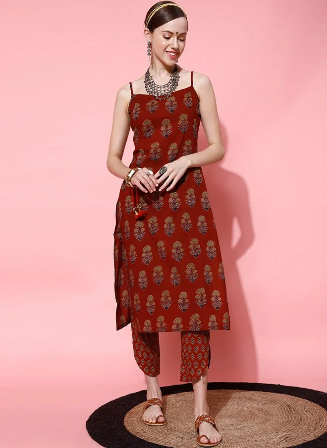 Indo Street Sleeveless Ethnic Motifs Printed Kurta with Trousers for Women
