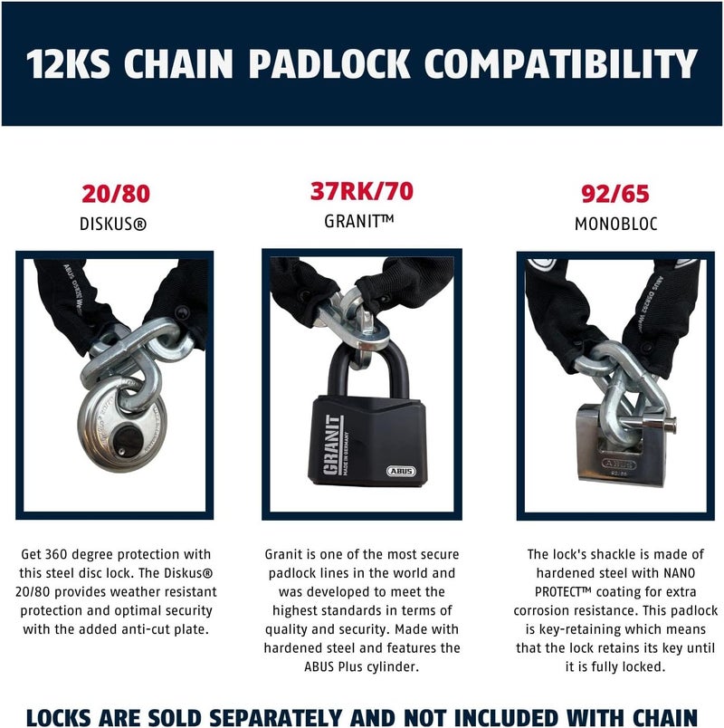 Abus Hardened Steel 12KS 2 Foot 1/2" Thick Square Security Chain for Bikes, Containers, Trailers, ATV's, Motorcycles and Personal/Industrial Property - Image 3