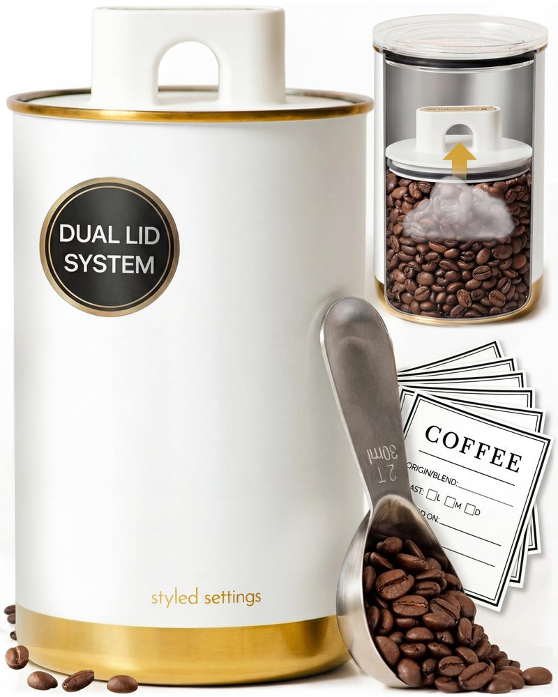 STYLED SETTINGS Vacuum Coffee Canister with Airtight Lid - Dual-Lid Airtight Coffee Canister with Scoop and Label for Beans and Grounds, Food Storage Container -White and Gold Kitchen Accessories - Image 1