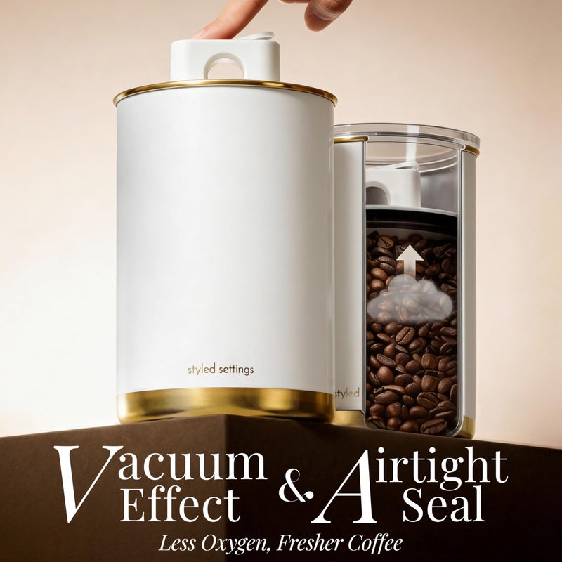STYLED SETTINGS Vacuum Coffee Canister with Airtight Lid - Dual-Lid Airtight Coffee Canister with Scoop and Label for Beans and Grounds, Food Storage Container -White and Gold Kitchen Accessories - Image 2
