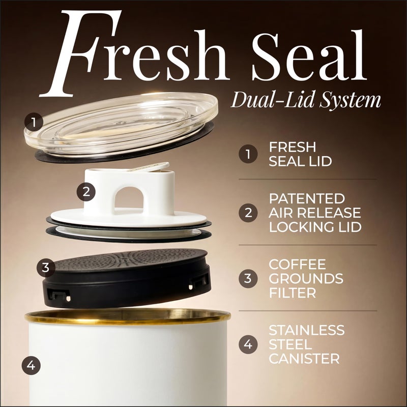 STYLED SETTINGS Vacuum Coffee Canister with Airtight Lid - Dual-Lid Airtight Coffee Canister with Scoop and Label for Beans and Grounds, Food Storage Container -White and Gold Kitchen Accessories - Image 4