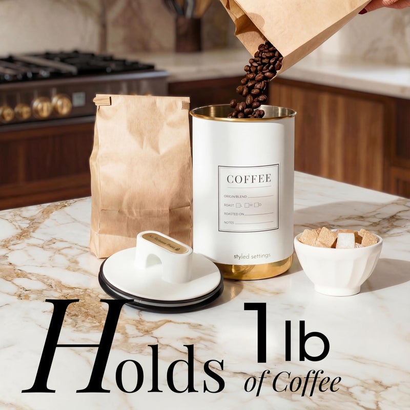 STYLED SETTINGS Vacuum Coffee Canister with Airtight Lid - Dual-Lid Airtight Coffee Canister with Scoop and Label for Beans and Grounds, Food Storage Container -White and Gold Kitchen Accessories - Image 3