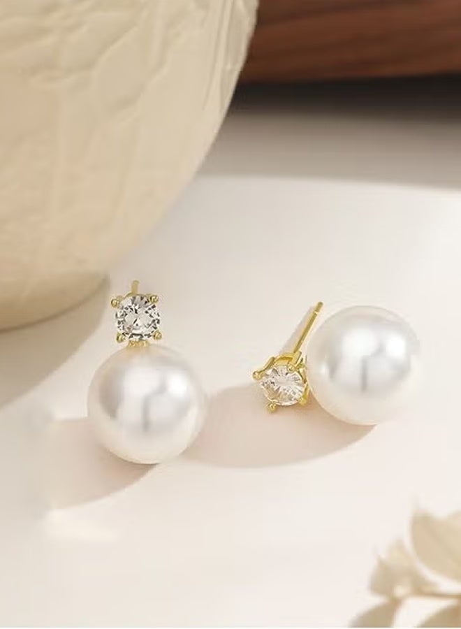 DAEVO Gold Cubic Zirconia Crown Setting Pearl Stud Earrings for Women - Image 3