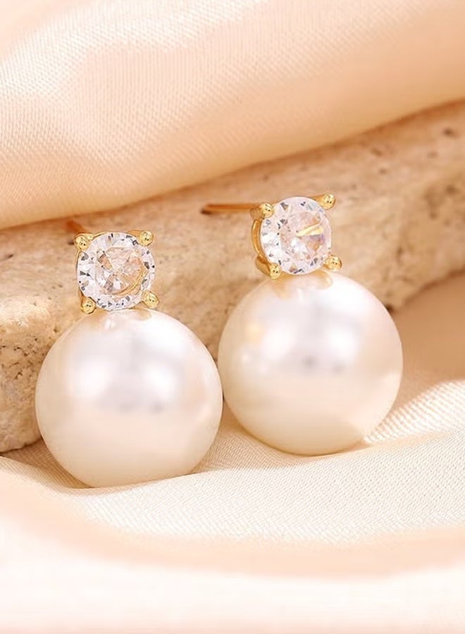DAEVO Gold Cubic Zirconia Crown Setting Pearl Stud Earrings for Women - Image 5
