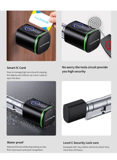 LUMIVE Lumive Smart Door Lock Support Up to 100 Fingerprints, Smart Lock with Remote App Unlocking, 2x RFID Smart Card , Black , 60mm Cylinder, Battery Included  - Image 4