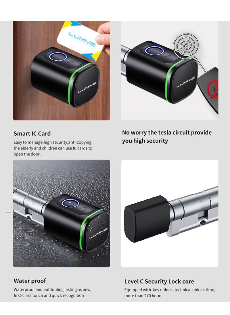 LUMIVE - Lumive Smart Door Lock Support Up to 100 Fingerprints, Smart Lock with Remote App Unlocking, 2x RFID Smart Card , Black , 60mm Cylinder, Battery Included - Image 1