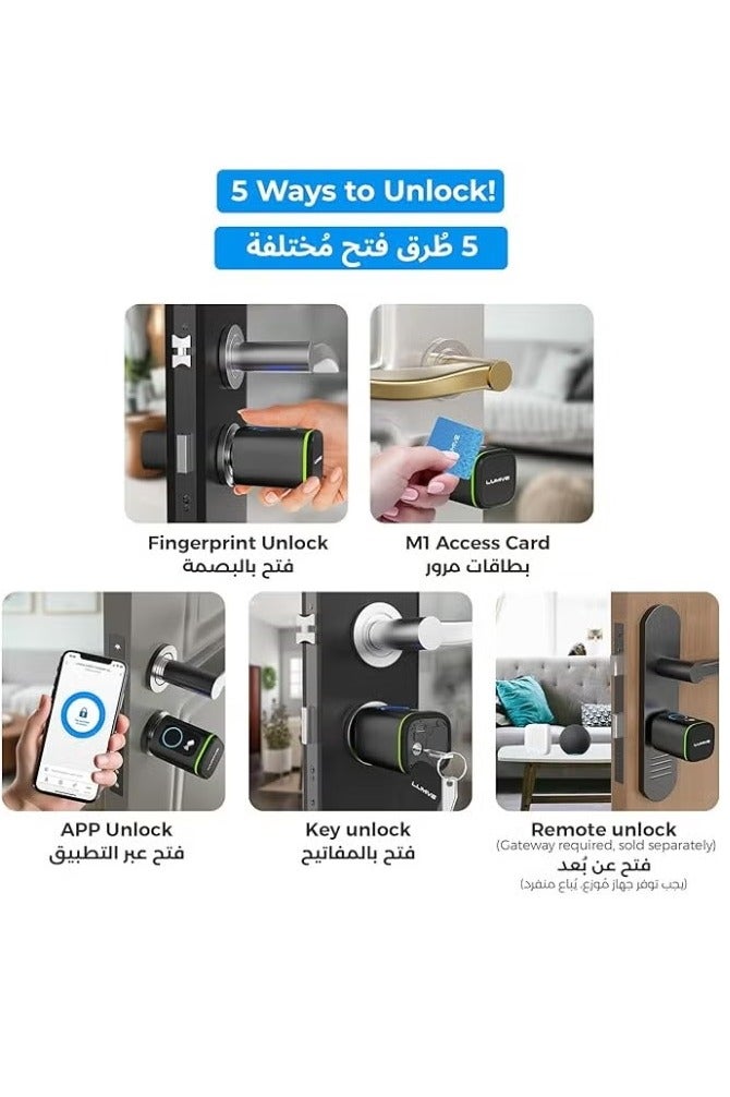 LUMIVE Lumive Smart Door Lock Support Up to 100 Fingerprints, Smart Lock with Remote App Unlocking, 2x RFID Smart Card , Black , 60mm Cylinder, Battery Included  - Image 3