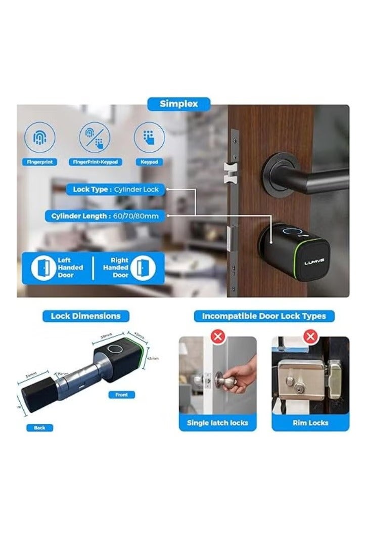 LUMIVE Lumive Smart Door Lock Support Up to 100 Fingerprints, Smart Lock with Remote App Unlocking, 2x RFID Smart Card , Black , 60mm Cylinder, Battery Included  - Image 5