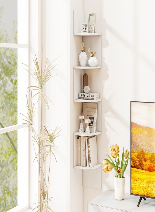 Tangkula 5-Tier Corner Shelf Wall Mount, Farmhouse Floating Corner Bookshelf, Industrial Modern Display Shelf Stand, Wooden Storage Organizer for Living Room Home Office (1, White) - Image 2