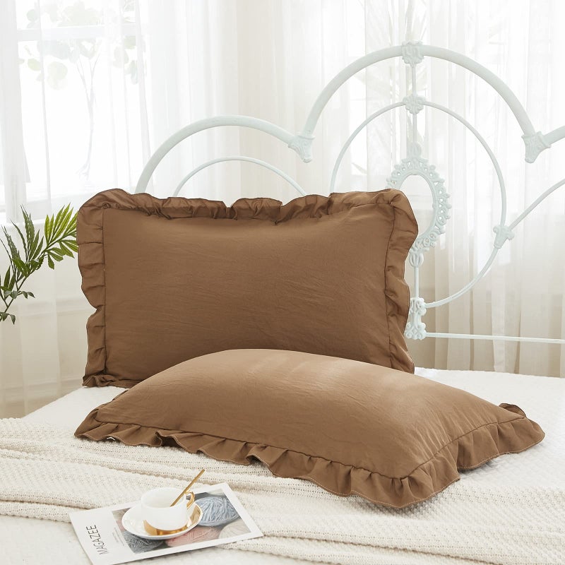 Merryword Brown Pillowcases King Pillowcases Ruffled Pillow Shams Set of 2 Cute Pillowcases Solid Ruffled Fringe Design Coffee Brown Shabby Chic Pillowcases 2 Pack (King (20''x36'')  Brown) - Image 1