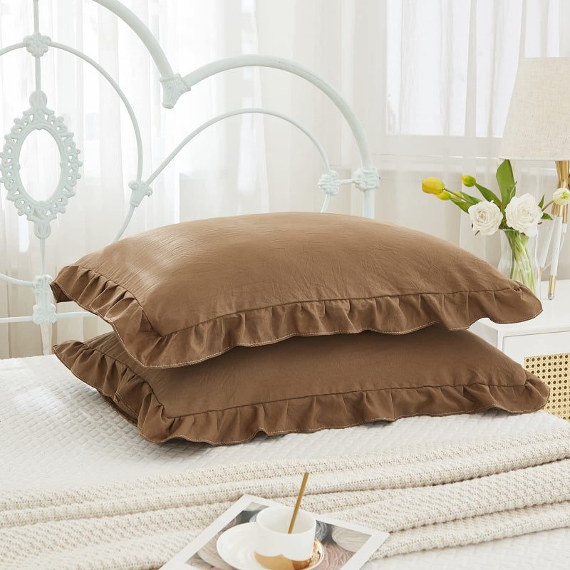Merryword Brown Pillowcases King Pillowcases Ruffled Pillow Shams Set of 2 Cute Pillowcases Solid Ruffled Fringe Design Coffee Brown Shabby Chic Pillowcases 2 Pack (King (20''x36'')  Brown) - Image 2