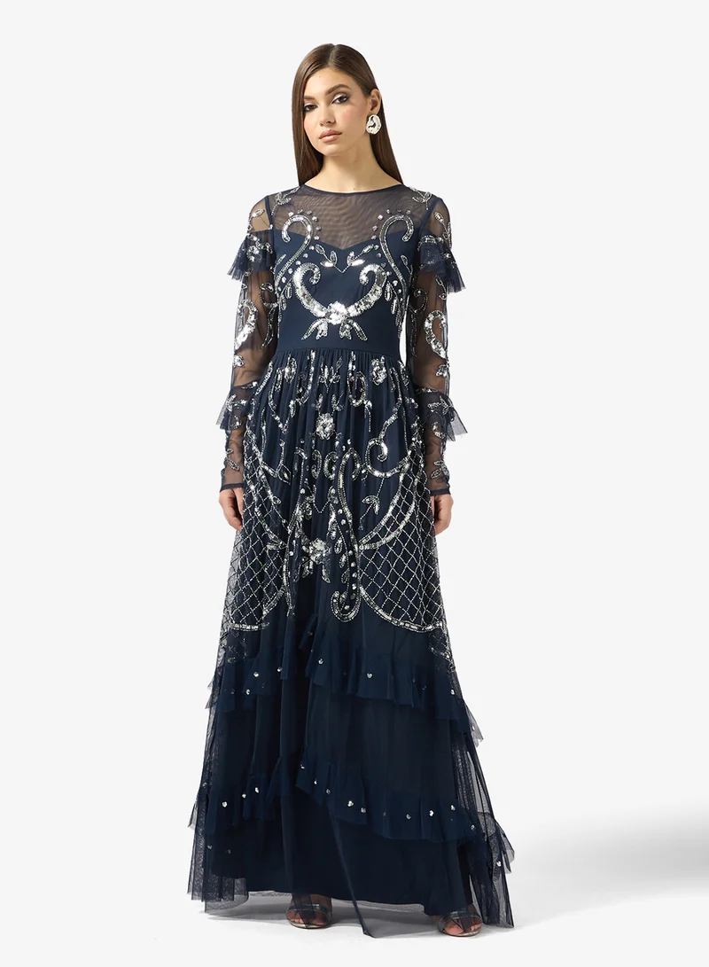 Frock and Frill Embellished mesh detailled maxi dress