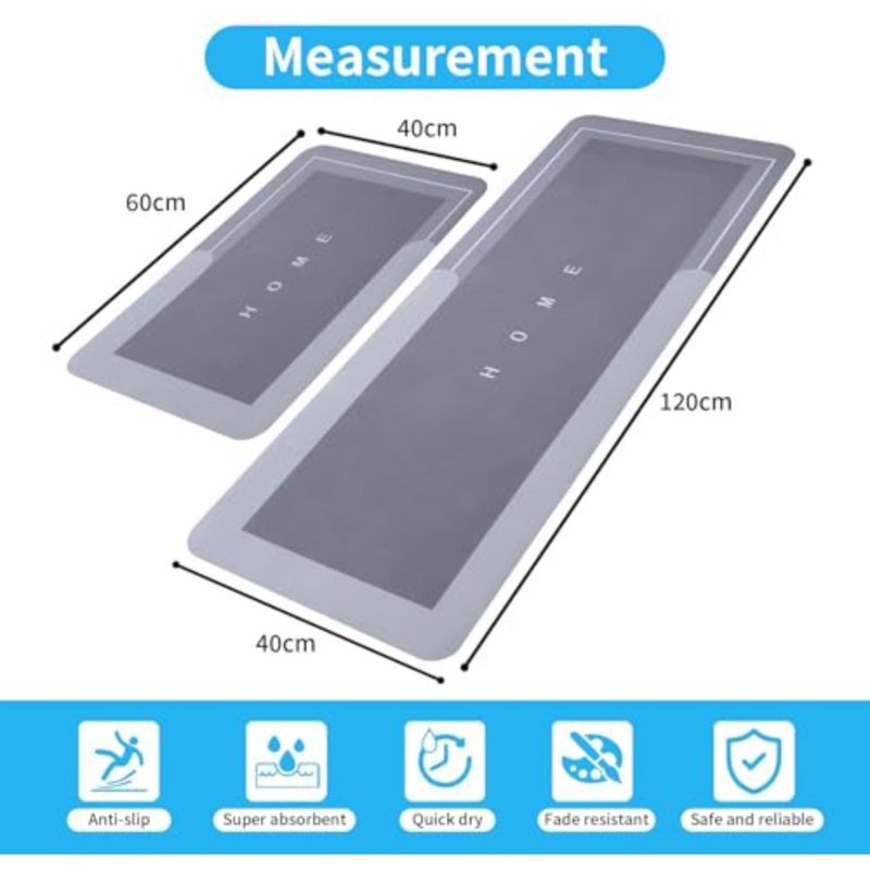 120x40cm+60x40cm Kitchen Floor Mats, 2 Pcs Kitchen Mat, Water Absorbent and Quick Drying Kitchen Rugs, Non-slip Kitchen Carpets, Super Absorbent Floor Mat for Home Kitchen - Image 2