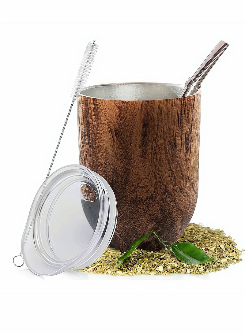 SYOSI Yerba Mate Tea Cup Set, Includes Bombilla Straw, Lid and Cleaning Brush, Stainless Steel Double-Walled Tea Cup for Yerba Mate Loose Leaf Drinking, Easy to Clean, Natural Brown, 12 Ounces - Image 1
