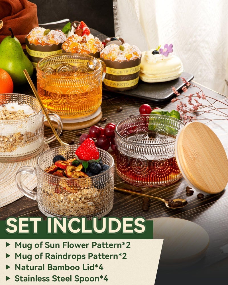 Semderm Vintage Glass Coffee Mugs Set of 4, Overnight Oats Containers with Bamboo Lids and Spoons - 14oz Clear Tea Cups for Cappuccino Latte Americano Cereal Yogurt Beverage - Image 2