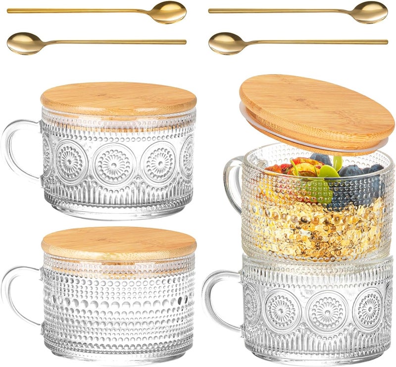 Semderm Vintage Glass Coffee Mugs Set of 4, Overnight Oats Containers with Bamboo Lids and Spoons - 14oz Clear Tea Cups for Cappuccino Latte Americano Cereal Yogurt Beverage - Image 1