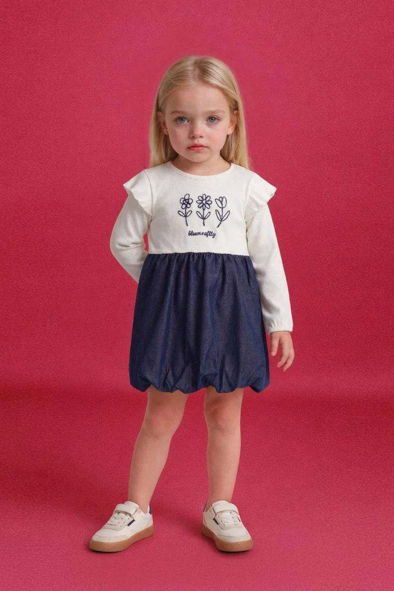 ديفاكتو Balloon Fit Embroidered Long Sleeve Woven Dress