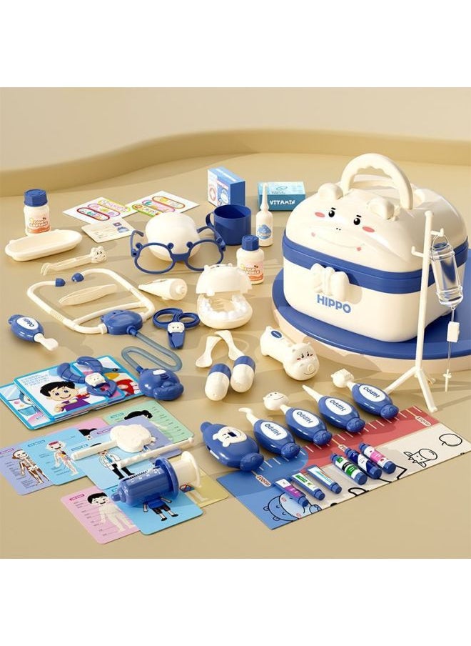 Simulation Children's Medicine Box Toys Full Set Of Small Doctor Equipment Children's Toys Girls Children's Toolbox-Colour:Regular Pack [blue Hippo Storage Box] 58-piece Set-Specification:Standard Version  - Image 1