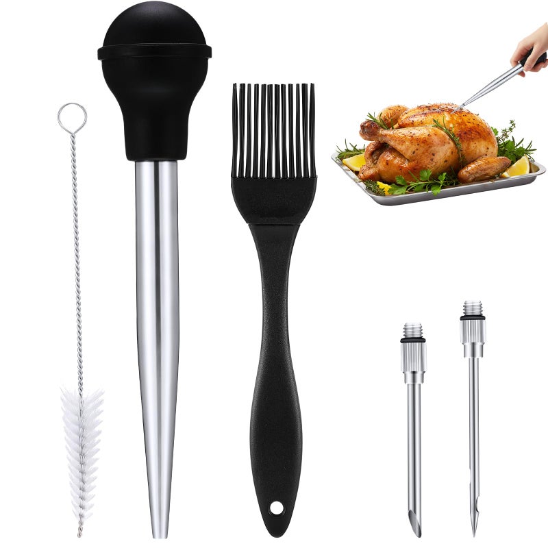 5 Pieces Large Turkey Baster Set Including 1 Stainless Steel Turkey Baster 2 Needles 1 Basting Brush and Cleaning Brush for Kitchen Baking Cooking Beef Pork Fish