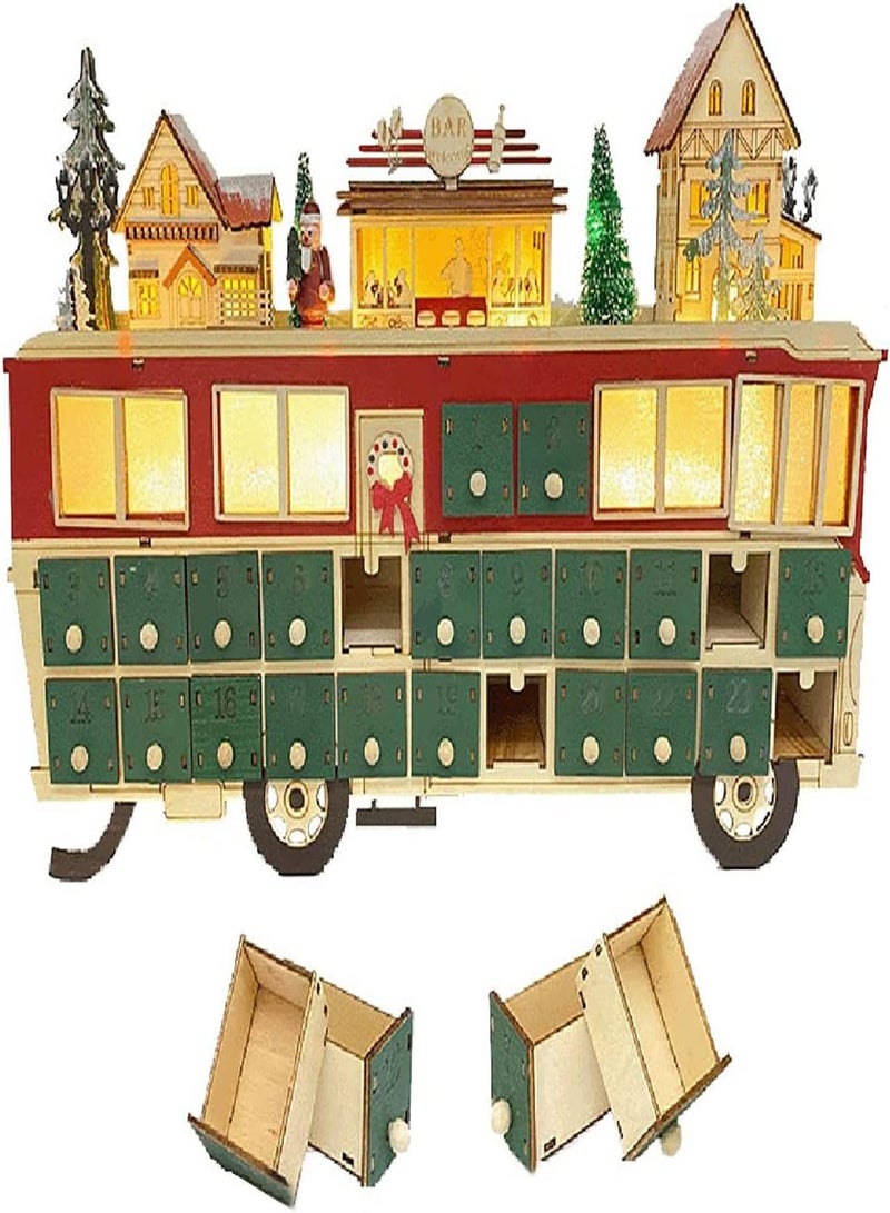 GGOOT Advent Calendar,Fun Advent Calendar Bus Ornament | Table Ornament with LED Light and 24 Storage Drawers Countdown Refillable Gift  - Image 1