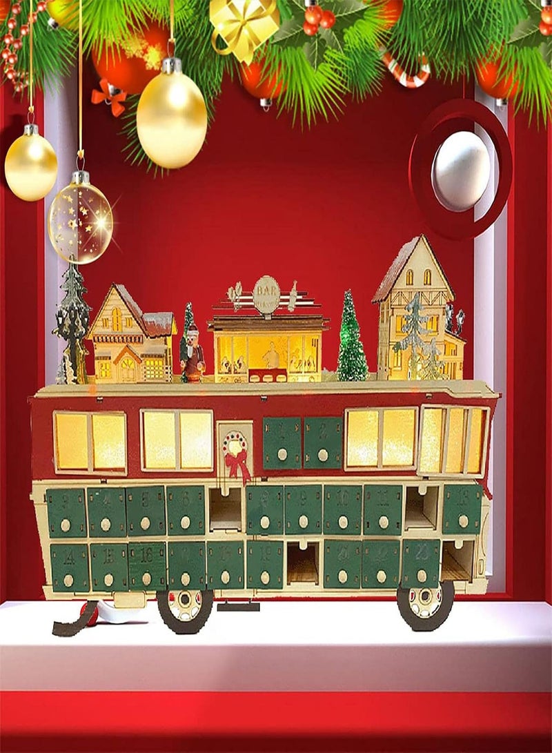 GGOOT Advent Calendar,Fun Advent Calendar Bus Ornament | Table Ornament with LED Light and 24 Storage Drawers Countdown Refillable Gift  - Image 2
