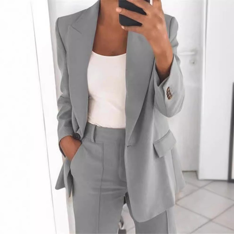 WU Women's Casual Blazer Suit Set - Stylish 2-Piece Long Pants Outfit, Autumn 2023, Comfortable & Trendy - Image 2