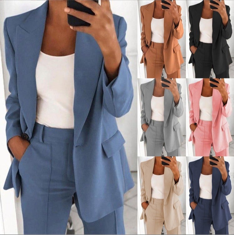 WU Women's Casual Blazer Suit Set - Stylish 2-Piece Long Pants Outfit, Autumn 2023, Comfortable & Trendy - Image 1