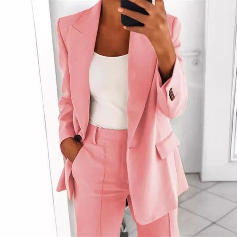WU Women's Casual Blazer Suit Set - Stylish 2-Piece Long Pants Outfit, Autumn 2023, Comfortable & Trendy - Image 3