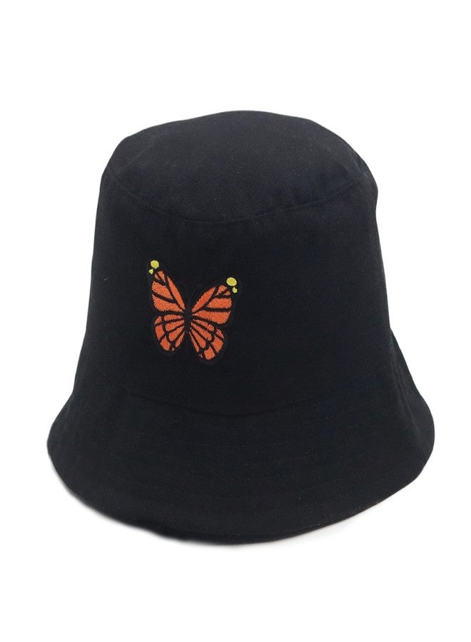 REFFER Butterfly Unisex Cotton Embroidered Packable Bucket hat for Women Men hat Summer hat Beach hat Traveling hat (Black Butterfly) - Image 1