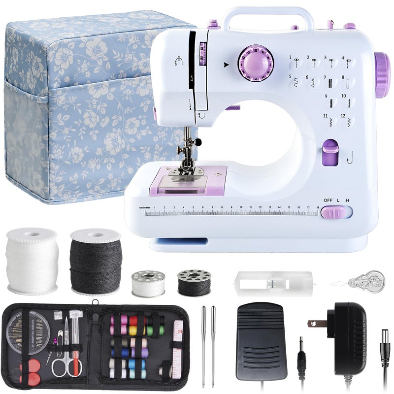 JUCVNB Mini Sewing Machine for Beginners and Kids Ages 812 Portable Sewing Machines with 12 Builtin Stitch Patterns Light 2 Speed Foot Pedal  Purple  White with 27 Pieces Sewing Kit  Case