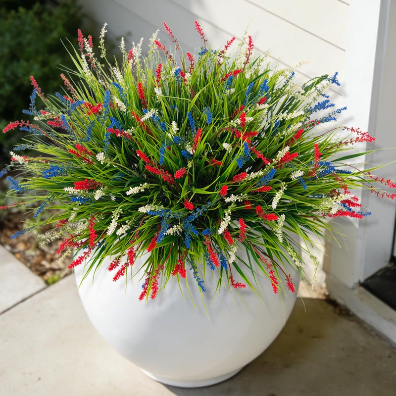 Ammyoo Artificial Faux Plants for Outdoor Spring Decoration, 12 Pcs Fake Monkey Grass for Garden Porch Balcony Planters, Fake Flowers Shrubs UV Resistant No Fade Plants Greenery Bush (Red Blue White) - Image 1