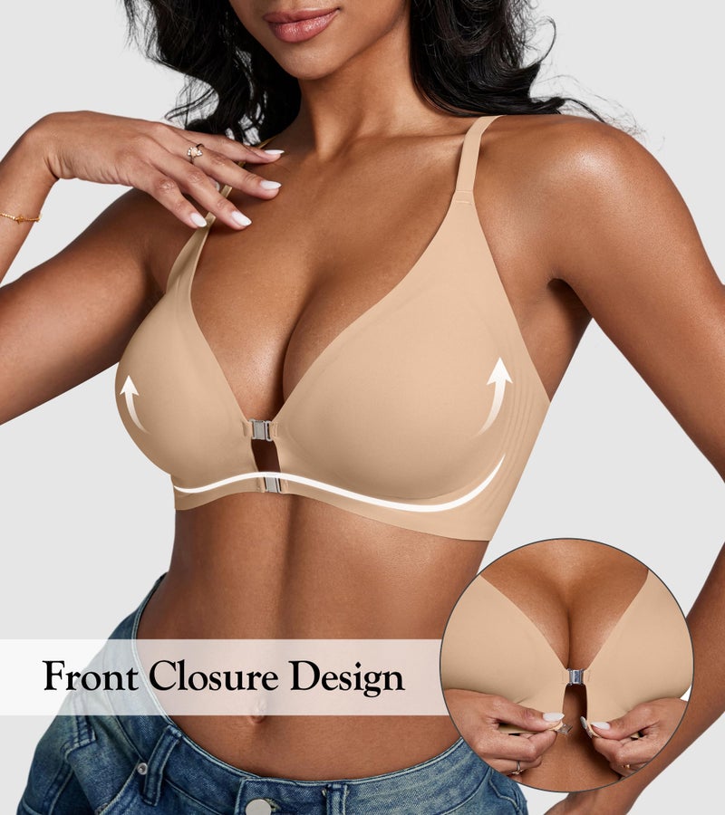 DEANGELMON Front Closure Bras for Women Racerback Bra No Underwire Seamless Push Up T-Shirts Bras Supportive Womens Bralettes(Skin,M) - Image 2