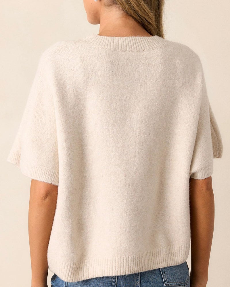 Kedera Womens Short Sleeve Bow Sweater Crewneck Cropped Pearl Top Bow Embellished Top Loose Pullover Thick Knitwear Beige - Image 2