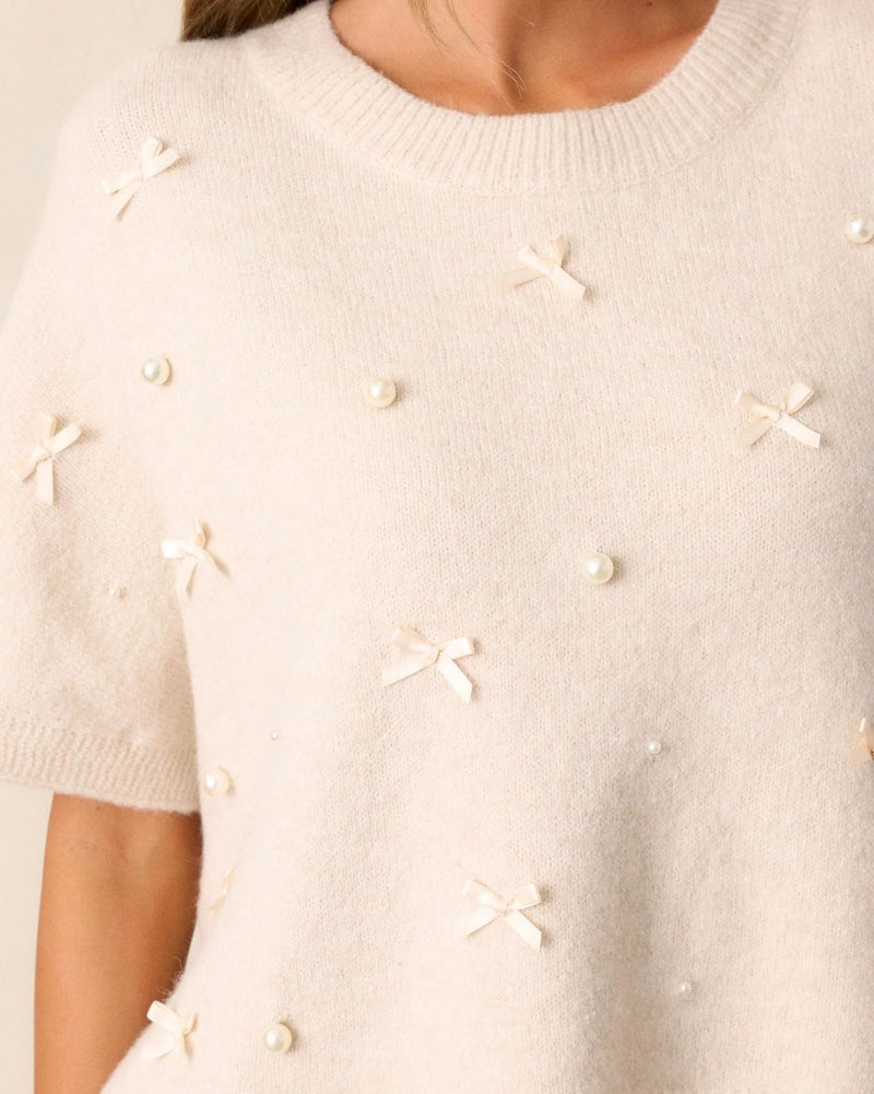 Kedera Womens Short Sleeve Bow Sweater Crewneck Cropped Pearl Top Bow Embellished Top Loose Pullover Thick Knitwear Beige - Image 4
