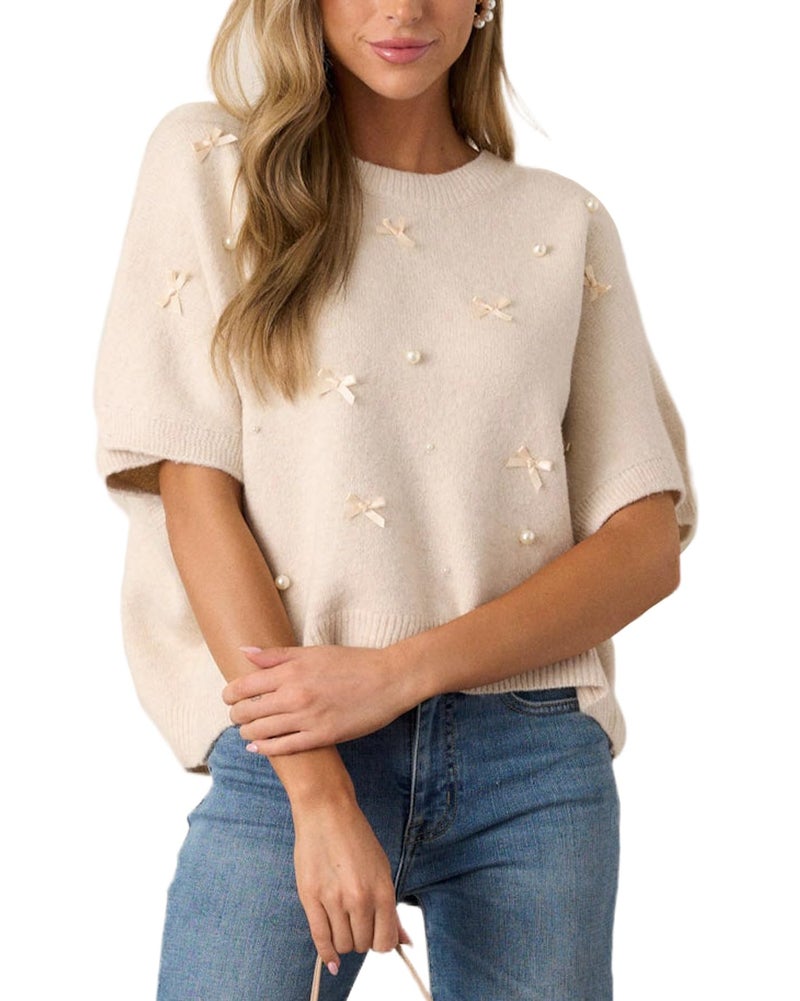 Kedera Womens Short Sleeve Bow Sweater Crewneck Cropped Pearl Top Bow Embellished Top Loose Pullover Thick Knitwear Beige - Image 1