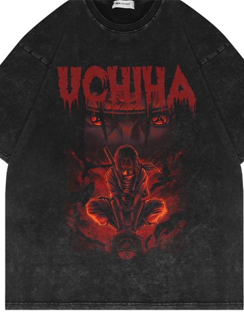 Fashionable washed distressed short-sleeved T-shirt Naruto anime retro short-sleeved cotton T-shirt - Image 4