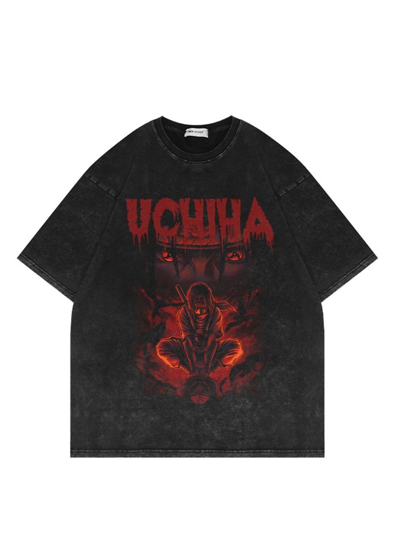 Fashionable washed distressed short-sleeved T-shirt Naruto anime retro short-sleeved cotton T-shirt - Image 1