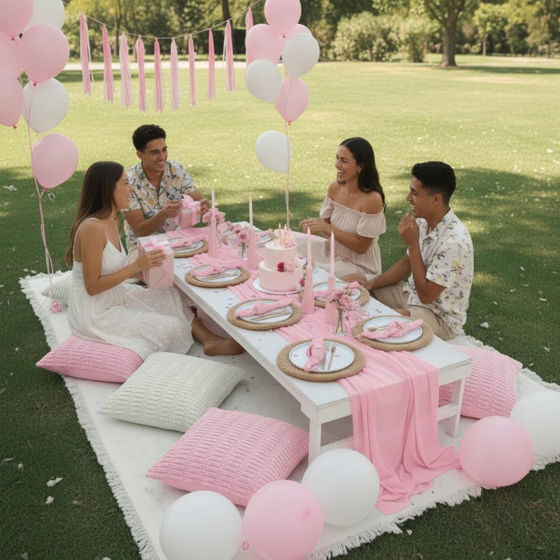 Beeveer 91 x 71 Extra Large Outdoor Boho Picnic Blanket with Pink Table Runner, 6 Throw Pillow Covers 6 Napkins Woven Cotton Yarn Oversize Beach Blanket Washable Picnic Camp Wedding - Image 3