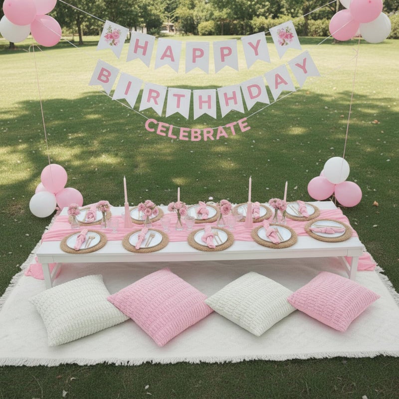 Beeveer 91 x 71 Extra Large Outdoor Boho Picnic Blanket with Pink Table Runner, 6 Throw Pillow Covers 6 Napkins Woven Cotton Yarn Oversize Beach Blanket Washable Picnic Camp Wedding - Image 2